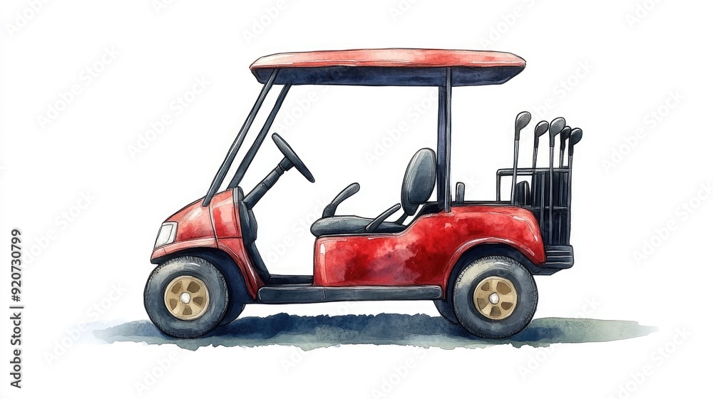 Cheerful Cartoon Golf Cart with Clubs on White Background Colorful Watercolor of a Smiling Golf Vehicle with Sports Equipment Cheerful Cartoon Golf Cart with Clubs on White Background Colorful Watercolor of a Smiling Golf Vehicle with Sports Equipment