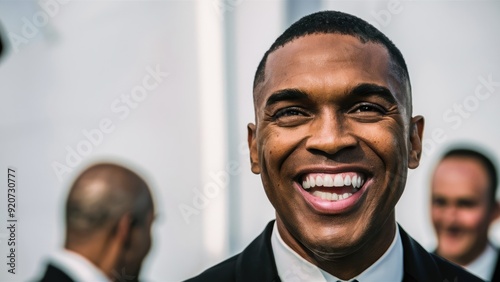 A black man in a suit and tie smiling with other men, AI