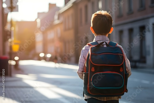 Two boy walking to school with backpacks, schooltime at morning 
