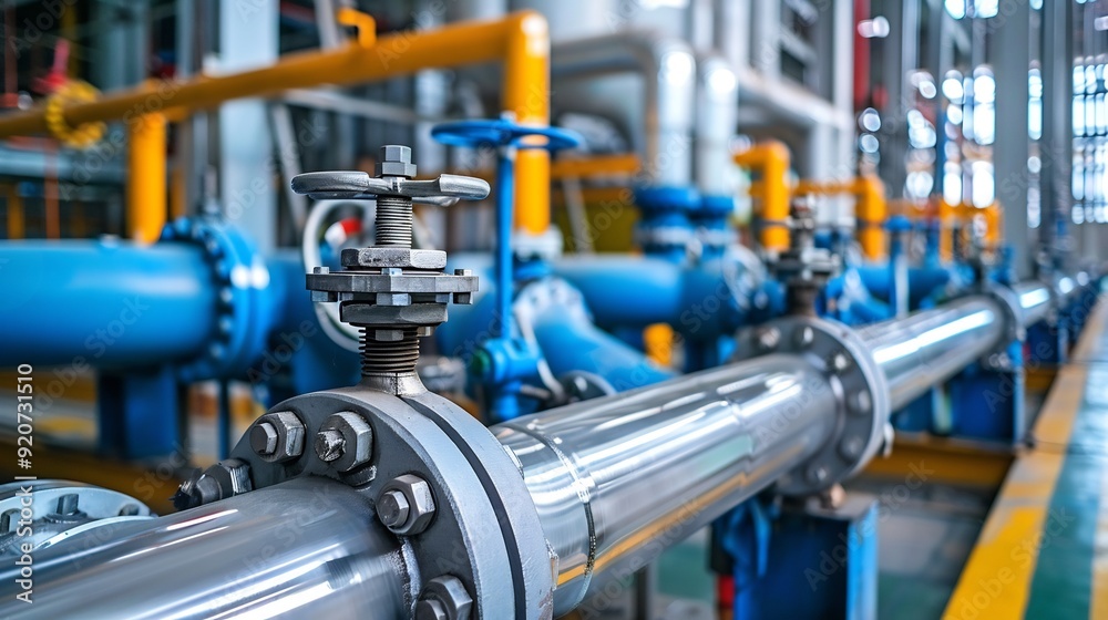 Fototapeta premium Factory architecture, Valves and steel pipe pumps in large factory building