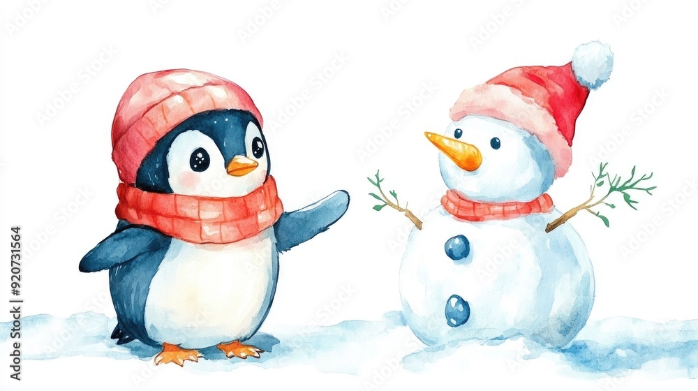 Adorable chibi style penguin character creating a snowy snowman in a whimsical watercolor on a clean white background Adorable chibi style penguin character creating a snowy snowman in a whimsical watercolor on a clean white background