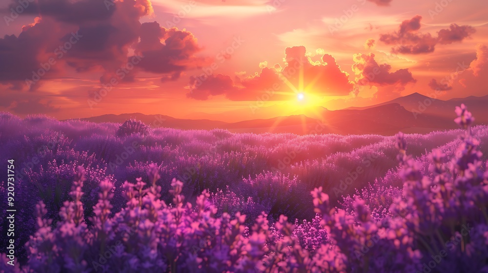 A digital artwork of lavender fields under a setting sun, vibrant orange and pink sky, detailed and peaceful, capturing the serene and tranquil beauty of sunset over the fields, hd quality, A digital artwork of lavender fields under a setting sun, vibrant orange and pink sky, detailed and peaceful, capturing the serene and tranquil beauty of sunset over the fields, hd quality,