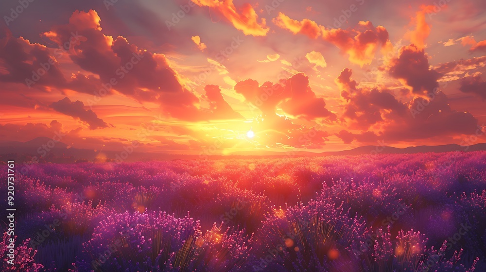A digital artwork of lavender fields under a setting sun, vibrant orange and pink sky, detailed and peaceful, capturing the serene and tranquil beauty of sunset over the fields, hd quality, A digital artwork of lavender fields under a setting sun, vibrant orange and pink sky, detailed and peaceful, capturing the serene and tranquil beauty of sunset over the fields, hd quality,