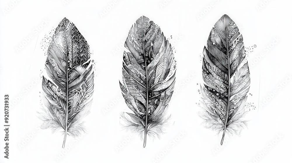 Three beautiful feathers feature elaborate designs and textures, displayed against a stark white background for a striking visual contrast Three beautiful feathers feature elaborate designs and textures, displayed against a stark white background for a striking visual contrast