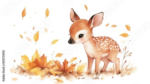 Adorable Chibi style Deer Character Playfully Interacting with Leaves in a Vibrant Watercolor on a White Background