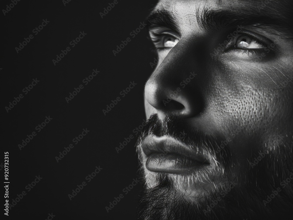 Male model with intense gaze, stylized portrait in black and white with dramatic smoke effects. Male model with intense gaze, stylized portrait in black and white with dramatic smoke effects.
