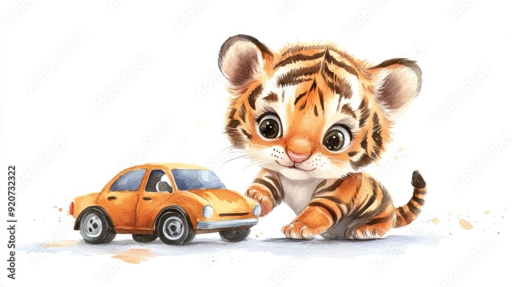 A charming and whimsical watercolor depicting a cute chibi style tiger cub playing happily with a toy car set against a plain white background The playful A charming and whimsical watercolor depicting a cute chibi style tiger cub playing happily with a toy car set against a plain white background The playful