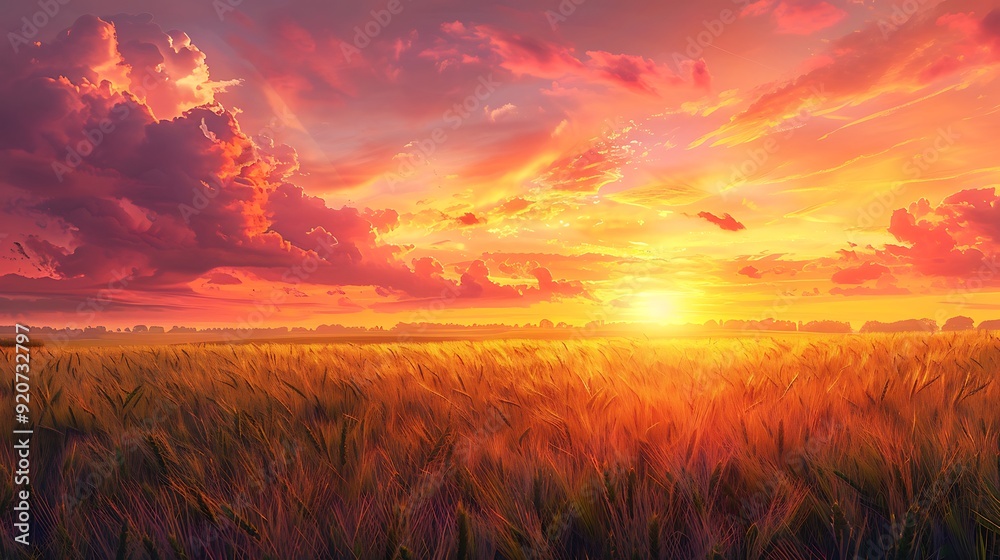 A digital artwork of rolling wheat fields at sunset, with a vibrant orange and pink sky, detailed and vivid, capturing the lively beauty of the countryside at sunset, hd quality, natural look . A digital artwork of rolling wheat fields at sunset, with a vibrant orange and pink sky, detailed and vivid, capturing the lively beauty of the countryside at sunset, hd quality, natural look .