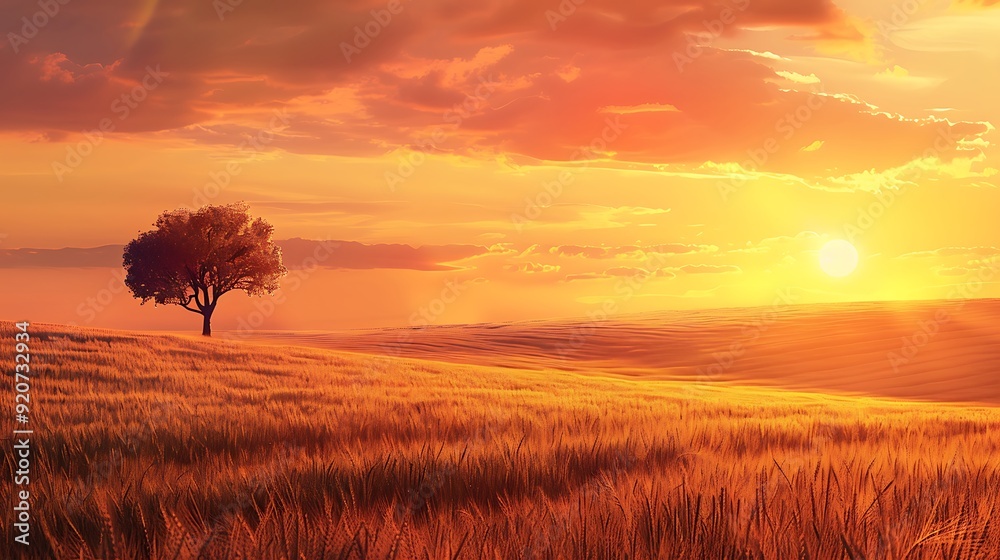 A digital artwork of rolling wheat fields at sunset, with a vibrant orange sky and a lone tree in the distance, detailed and tranquil, capturing the calm and serene beauty of the countryside, A digital artwork of rolling wheat fields at sunset, with a vibrant orange sky and a lone tree in the distance, detailed and tranquil, capturing the calm and serene beauty of the countryside,