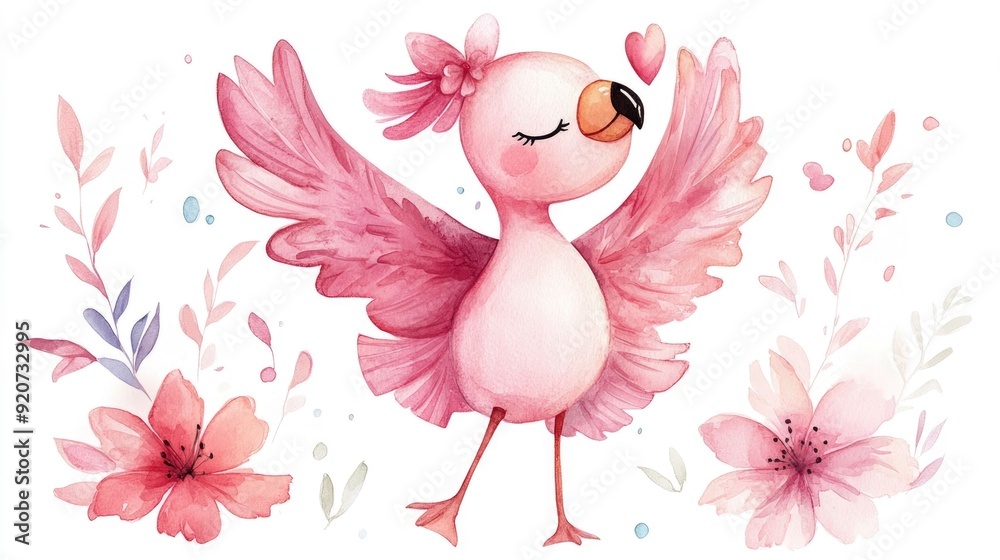 Obraz premium Whimsical and Charming Chibi Flamingo Ballerina in Vibrant Watercolor Artwork Isolated on White Background