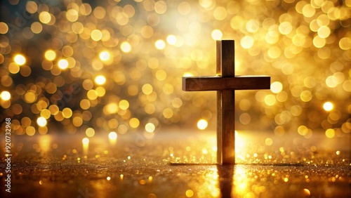 christian cross on beautiful gold bokeh background