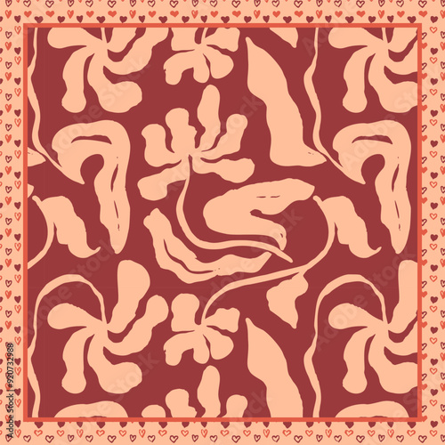 Monochrome peach and red color brush strokes inky flowers scarf or bandana design. Abstract floral contemporary background.