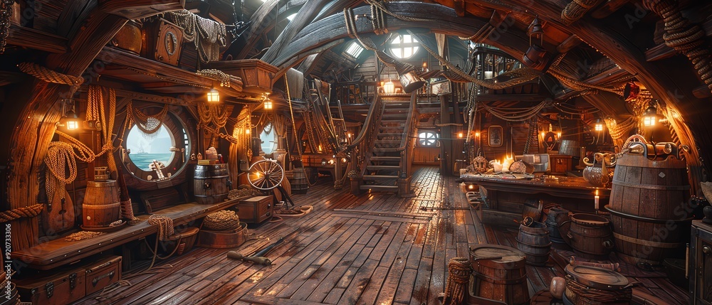 Fototapeta premium Dimly lit, cluttered pirate ship cabin with warm lantern light