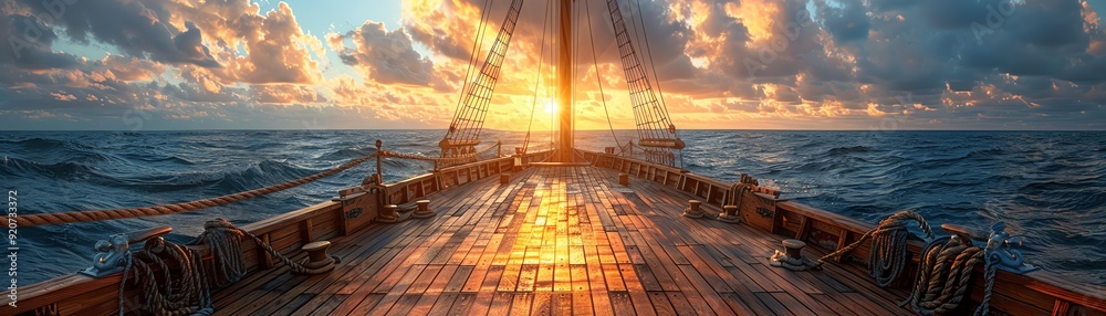 Obraz premium Empty wooden deck of a pirate ship at sea, soft morning light casting shadows on the planks