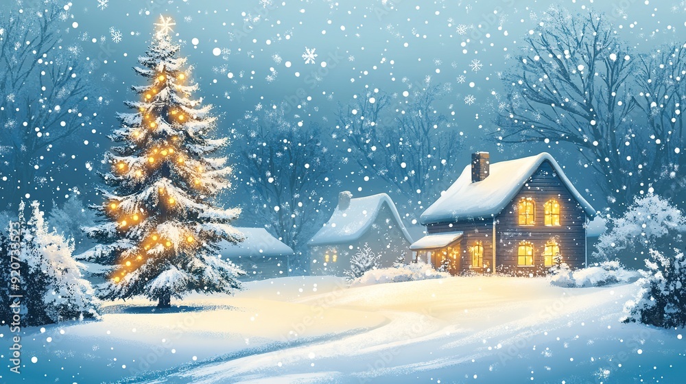 Winter holiday scene with illuminated tree and cozy cottage in s Winter holiday scene with illuminated tree and cozy cottage in s