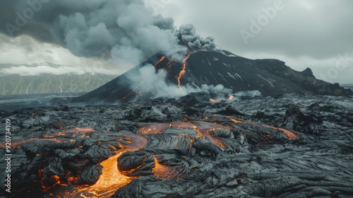Majestic mountain spewing molten lava.