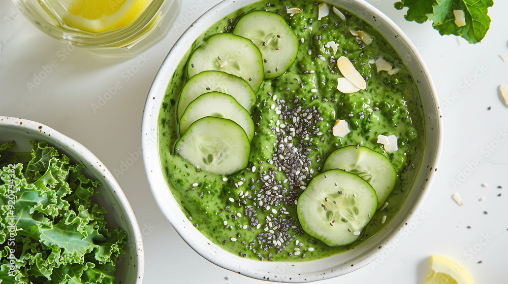 a detox smoothie bowl, featuring blended kale and green apple, topped with cucumber slices, chia seeds, and a squeeze of lemon, set on a clean, white surface with a glass of lemon water beside a detox smoothie bowl, featuring blended kale and green apple, topped with cucumber slices, chia seeds, and a squeeze of lemon, set on a clean, white surface with a glass of lemon water beside