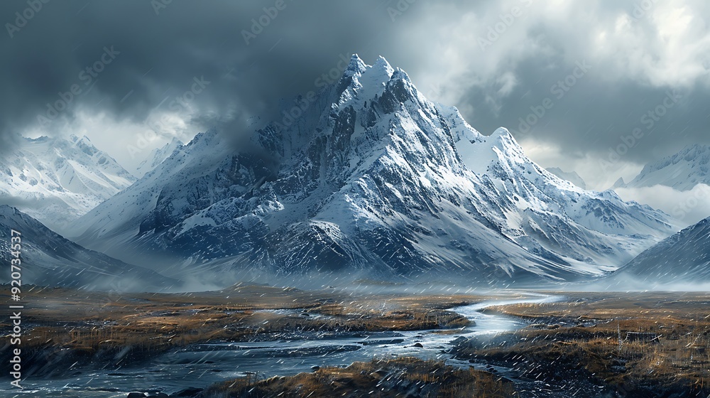 A digital artwork of snow-capped mountains with a winding river, under a dramatic sky with storm clouds, intense and dynamic atmosphere, rich colors, detailed and striking, A digital artwork of snow-capped mountains with a winding river, under a dramatic sky with storm clouds, intense and dynamic atmosphere, rich colors, detailed and striking,
