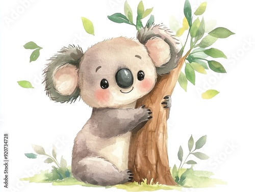 Cute and Cuddly Chibi Koala Bear Embracing a Tree Branch in a Whimsical Watercolor Painting on a Clean White Background