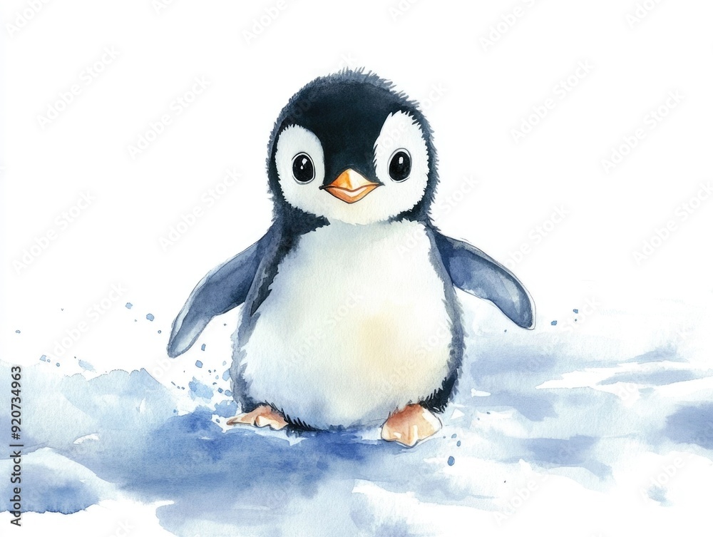 Naklejka premium Charming Chibi Penguin Character Sliding and Playing on Icy Surface in Vibrant Watercolor Isolated on White Background