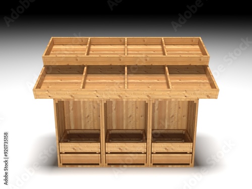 Fototapeta Naklejka Na Ścianę i Meble -  3d illustration display rack box food beverages wood construction stand booth for kiosk sell market street portable movable. Image background isolated.
