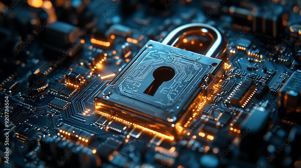 Cybersecurity in Action: A Close-Up of a Digital Lock on a Circuit Board Representing Advanced Protection Technologies