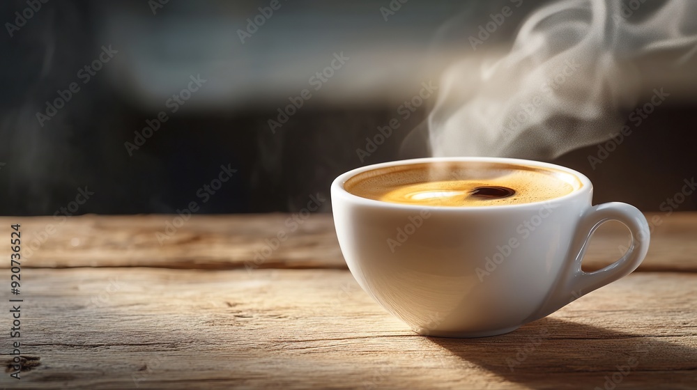 Obraz premium Steaming hot coffee cup on rustic wooden table