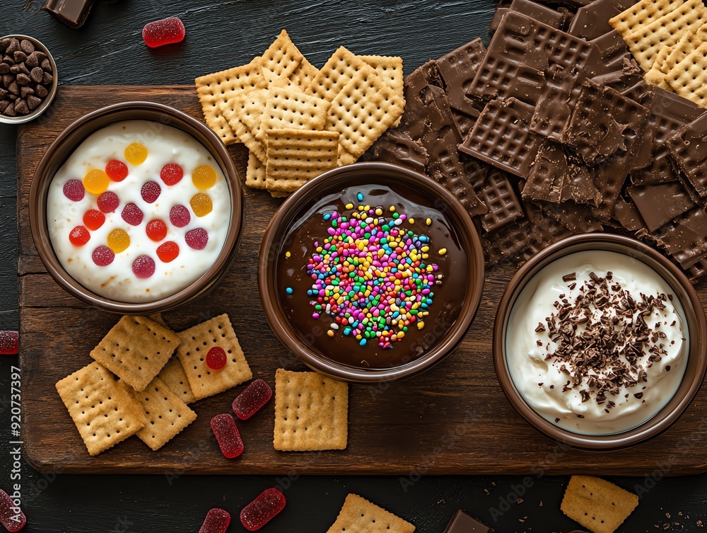 Rustic wooden board with pudding bowls, scattered crackers, and gummies in a casual arrangement, cozy snack time Rustic wooden board with pudding bowls, scattered crackers, and gummies in a casual arrangement, cozy snack time