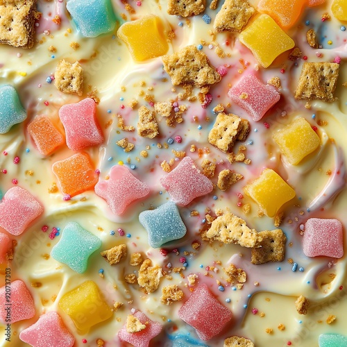 Rainbowcolored gummies melting into a creamy pudding surface, with a sprinkle of cracker crumbs, candy fusion photo