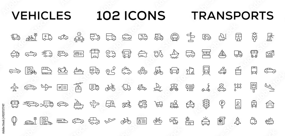 Vehicle and Transport line icon set. Containing car, bike, plane, train, bicycle, motorbike, bus and scooter icons. Transportation Simple line icon collections Vehicle and Transport line icon set. Containing car, bike, plane, train, bicycle, motorbike, bus and scooter icons. Transportation Simple line icon collections