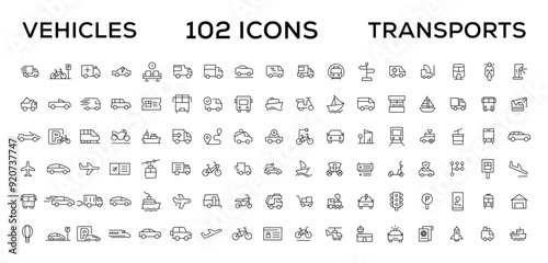 Vehicle and Transport line icon set. Containing car, bike, plane, train, bicycle, motorbike, bus and scooter icons. Transportation Simple line icon collections