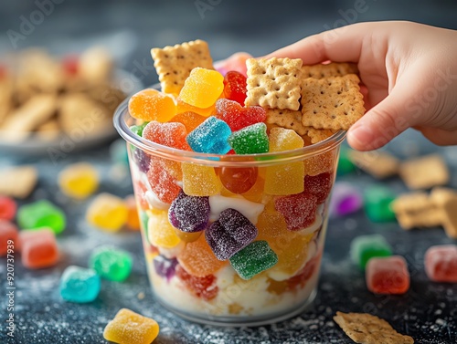 Child s hand reaching for a pudding cup filled with gummies and crackers, playful and nostalgic
