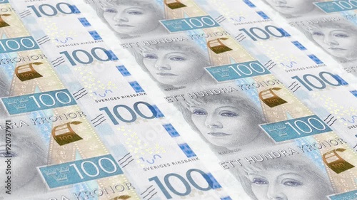 Sweden Swedish Krona 100 Banknotes Money Printing House, Printing One Hundred Swedish Krona, Printing Press Machine Print out Swedish Krona, Being printed by currency press machine 100 Swedish