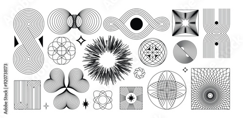 Vector minimal geometric illustrations set - trendy abstract aesthetic linear compositions, prints, frames and graphic design elements