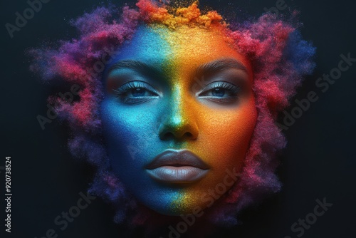 Brightly colored face of a woman with a black background, Portrait