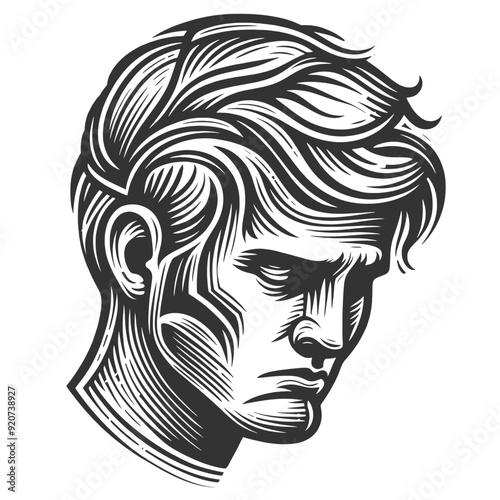man in profile, with a pensive and serious expression, deep thought or reflection sketch engraving generative ai fictional character vector illustration. Scratch board imitation. Black and white image