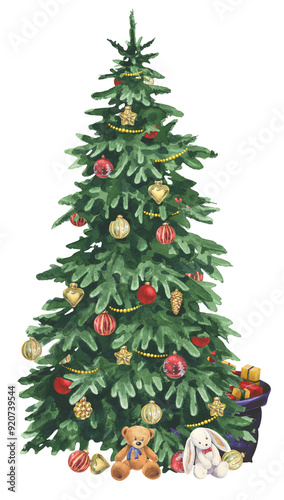 New Year's watercolor tree with gifts and soft toys on white background