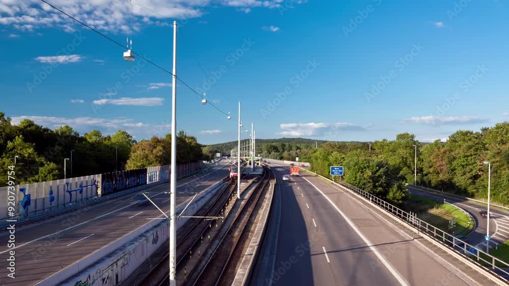 Tram Railroad integrated between highway lanes Tram Railroad integrated between highway lanes