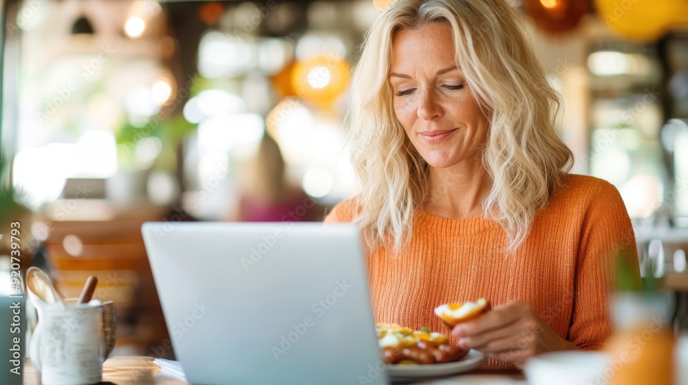 A woman wearing a bright orange sweater is working on her laptop while enjoying a pastry at a cozy cafe. Sunlight filters through the window, creating a warm ambiance. A woman wearing a bright orange sweater is working on her laptop while enjoying a pastry at a cozy cafe. Sunlight filters through the window, creating a warm ambiance.