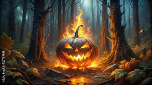 painting of scary pumpkin on fire in the dark forest