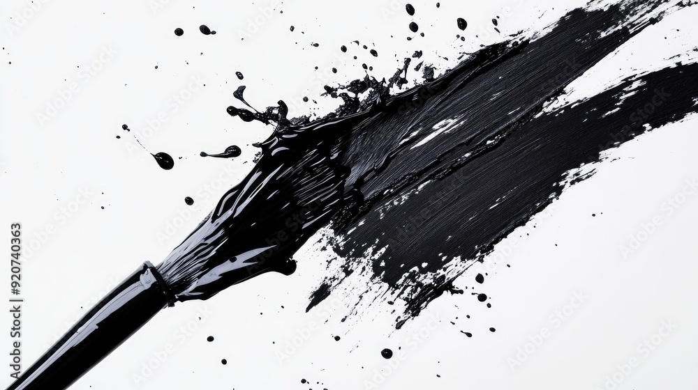 A brush creates a powerful black paint splash on a clean white background, emphasizing the stark contrast and dynamic A brush creates a powerful black paint splash on a clean white background, emphasizing the stark contrast and dynamic
