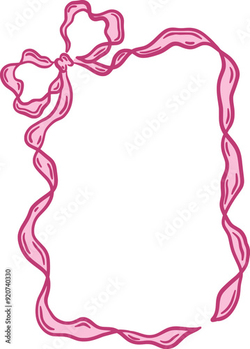 Elegant decorative vector frame of ribbon bow. Vintage delicate element in hand-drawn style. Romantic coquette border. Suitable for wedding or birthday invitation