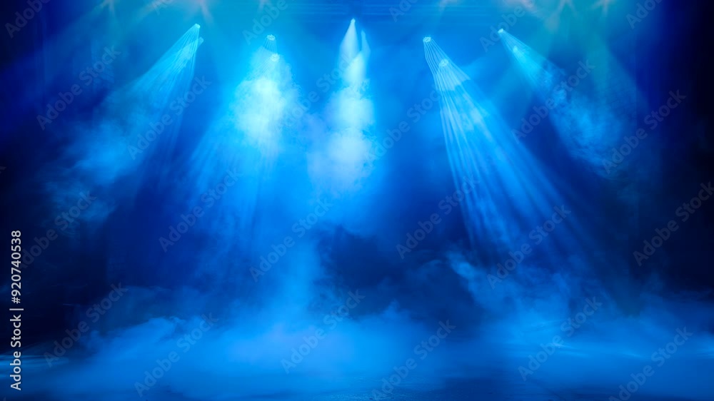 Dramatic blue stage in fog spotlights