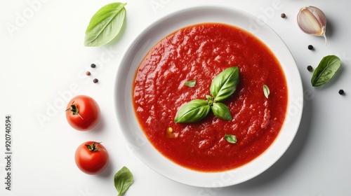 A clean white background frames a plate brimming with velvety tomato sauce, highlighting its richness and culinary appeal.