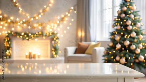 This captivating product mockup features a sleek white tabletop bathed in the soft glow of a blurred Christmas tree. The minimalist design allows your products to take center stage.