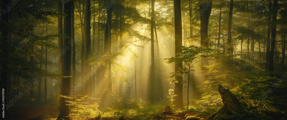 Obraz premium silent forest, bathed in beautiful sunrays filtering through the dense canopy of trees