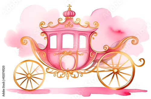 Illustration of a pink baby carriage for a princess with golden wheels. The map icon is isolated on a white background. Watercolor pink spots on the background.