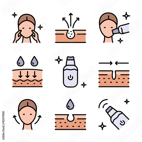 Skin Care color icons set. Facial Skin Cleaner icons set. Device peeling simple signs for skincare products property.