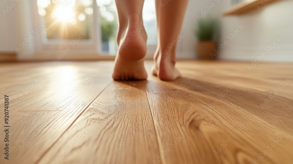 Person walking barefoot on a shiny wooden floor in a sunlit home interior, with natural light flooding the space, portraying a sense of warmth and peaceful daily living. Person walking barefoot on a shiny wooden floor in a sunlit home interior, with natural light flooding the space, portraying a sense of warmth and peaceful daily living.