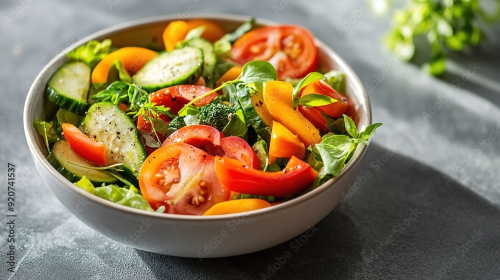 Fresh salad with juicy tomatoes, greens, and cucumbers in white Fresh salad with juicy tomatoes, greens, and cucumbers in white